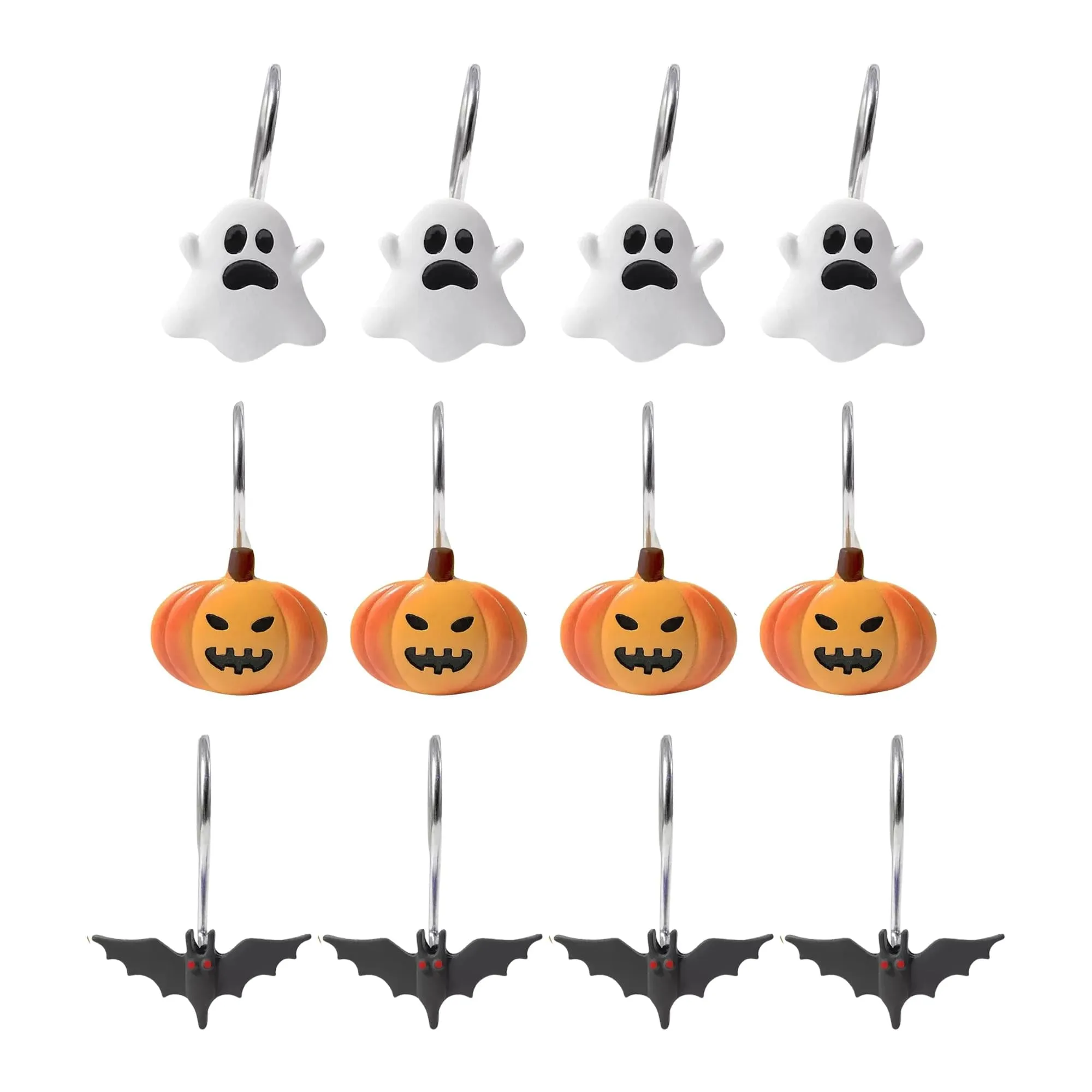 12 Piece Halloween Shower Hook (4 Ghosts, 4 Pumpkins & 4 Bats)