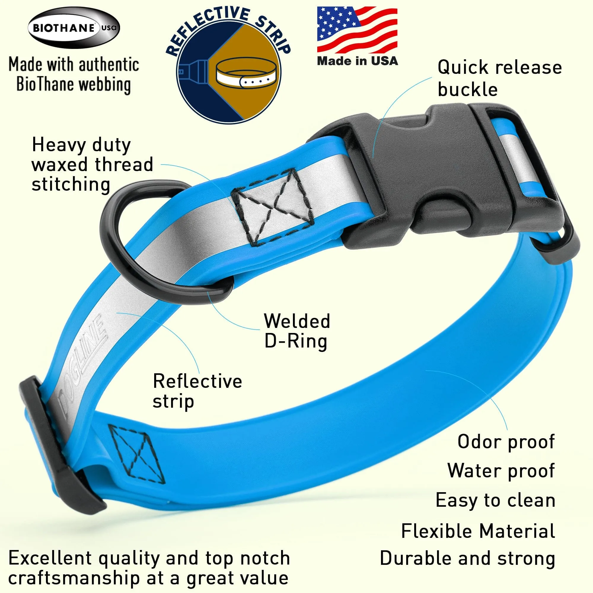 Dogline Biothane Reflective Dog Collar with Quick Release Buckle