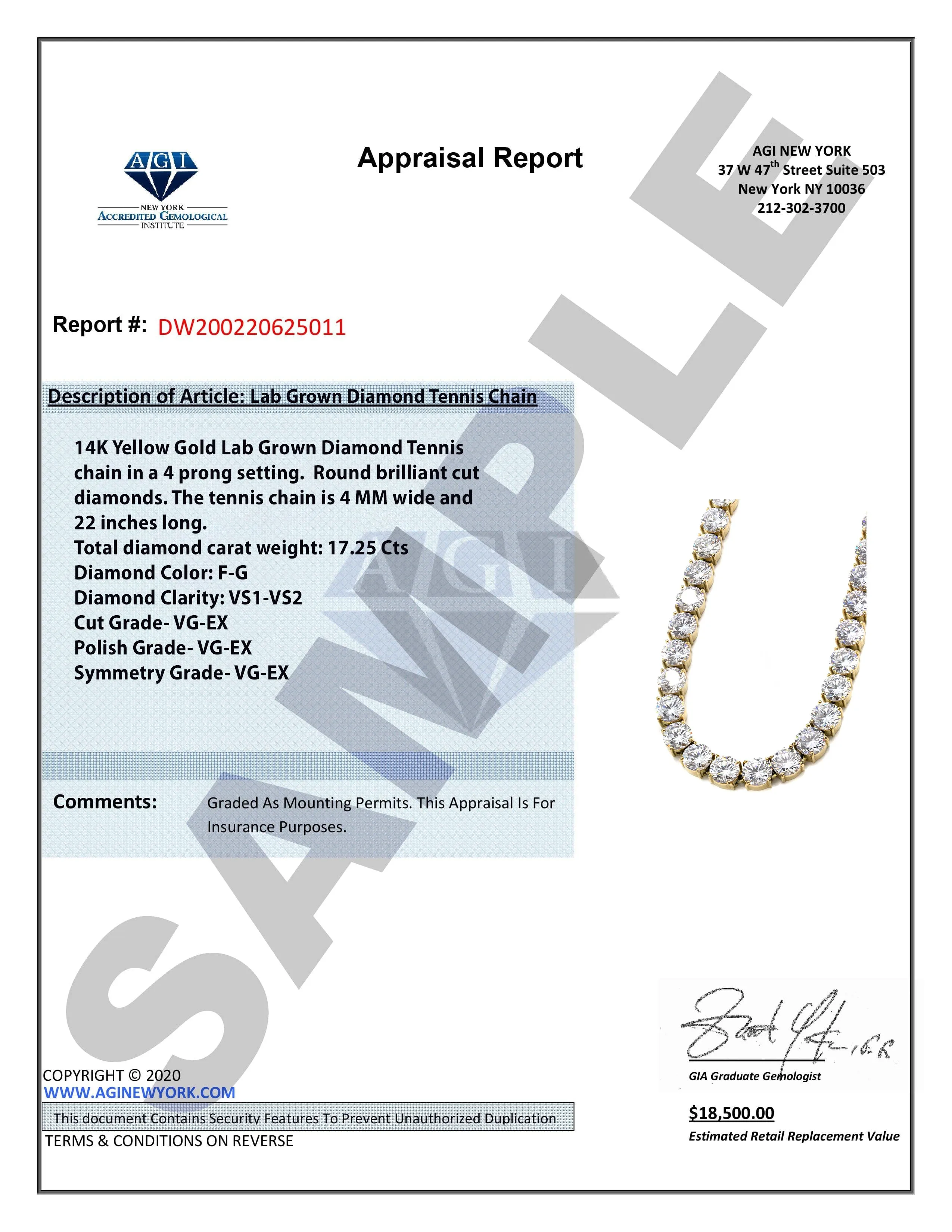 Lab Grown Diamond Tennis Chain / Necklace  - 14K Yellow Gold