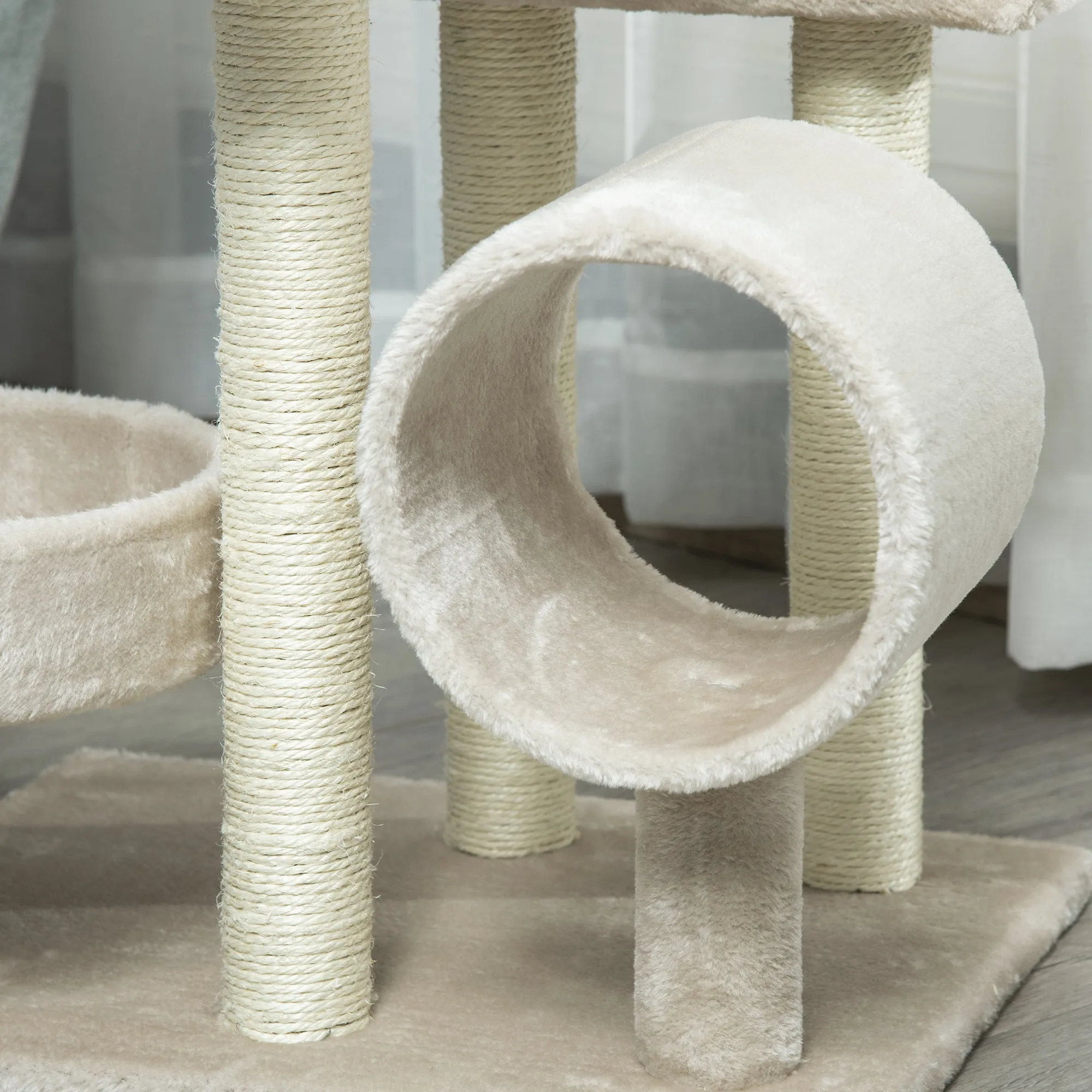 PawHut Cat Tree for Indoor Cats with Scratching Post Perch Tunnel Beige
