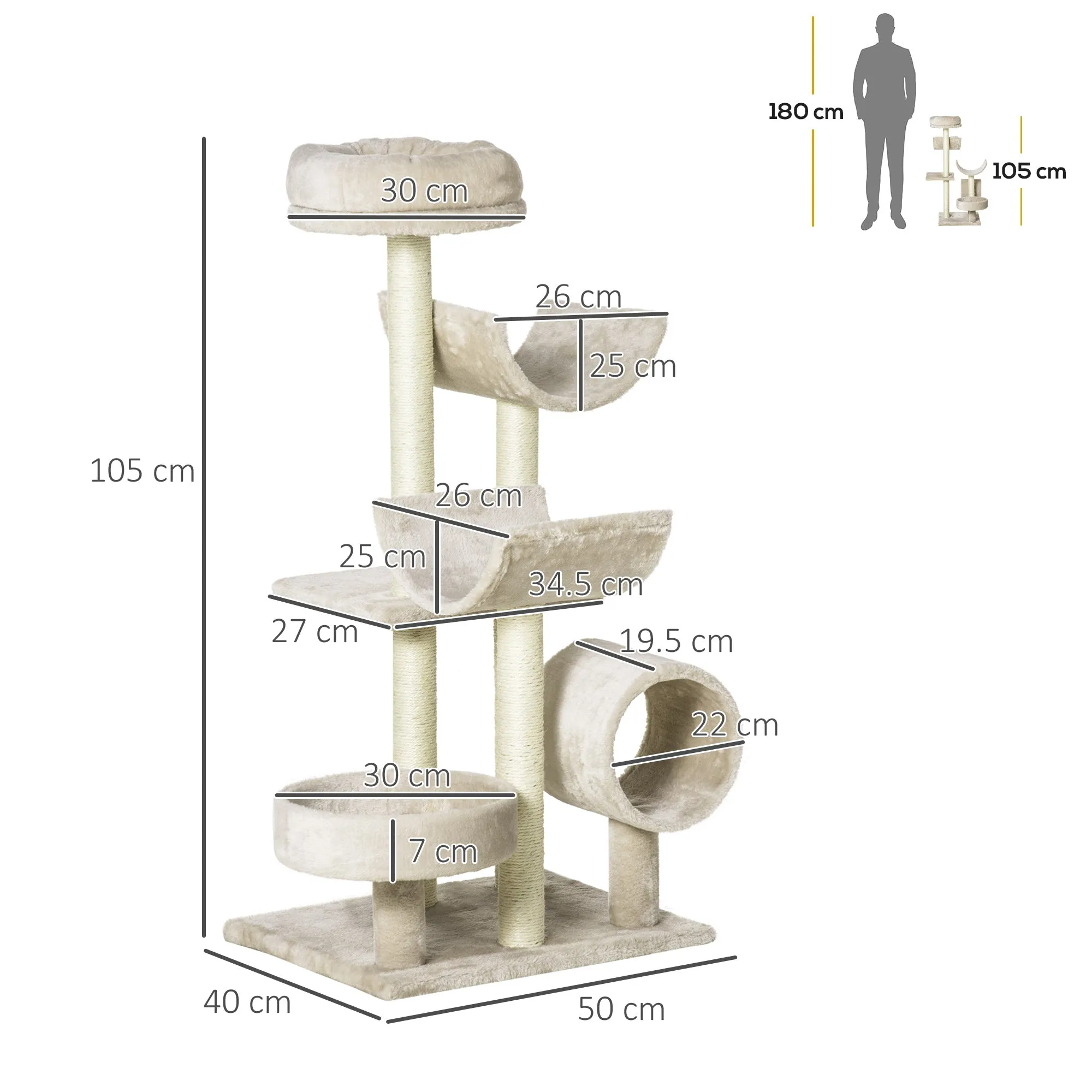 PawHut Cat Tree for Indoor Cats with Scratching Post Perch Tunnel Beige