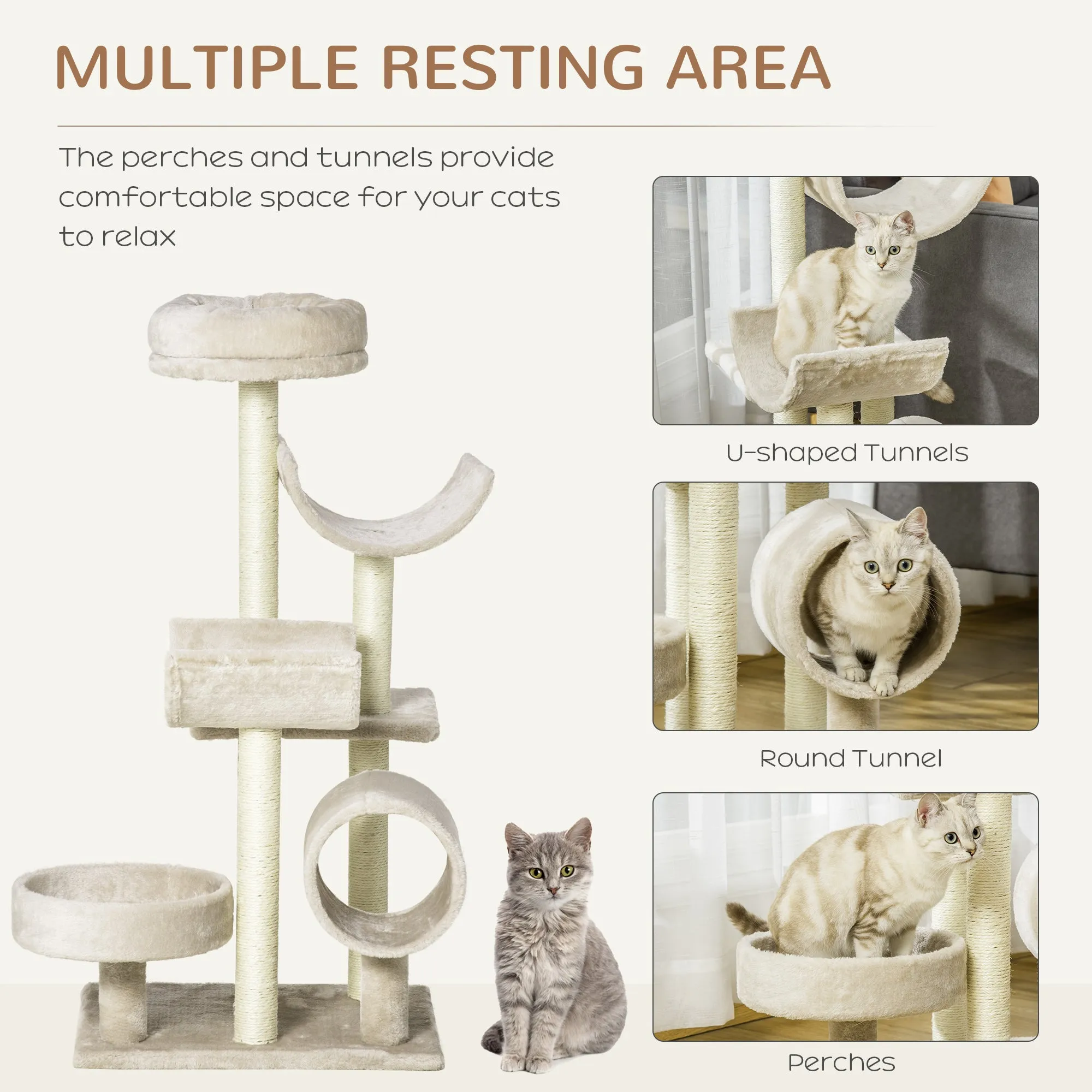 PawHut Cat Tree for Indoor Cats with Scratching Post Perch Tunnel Beige