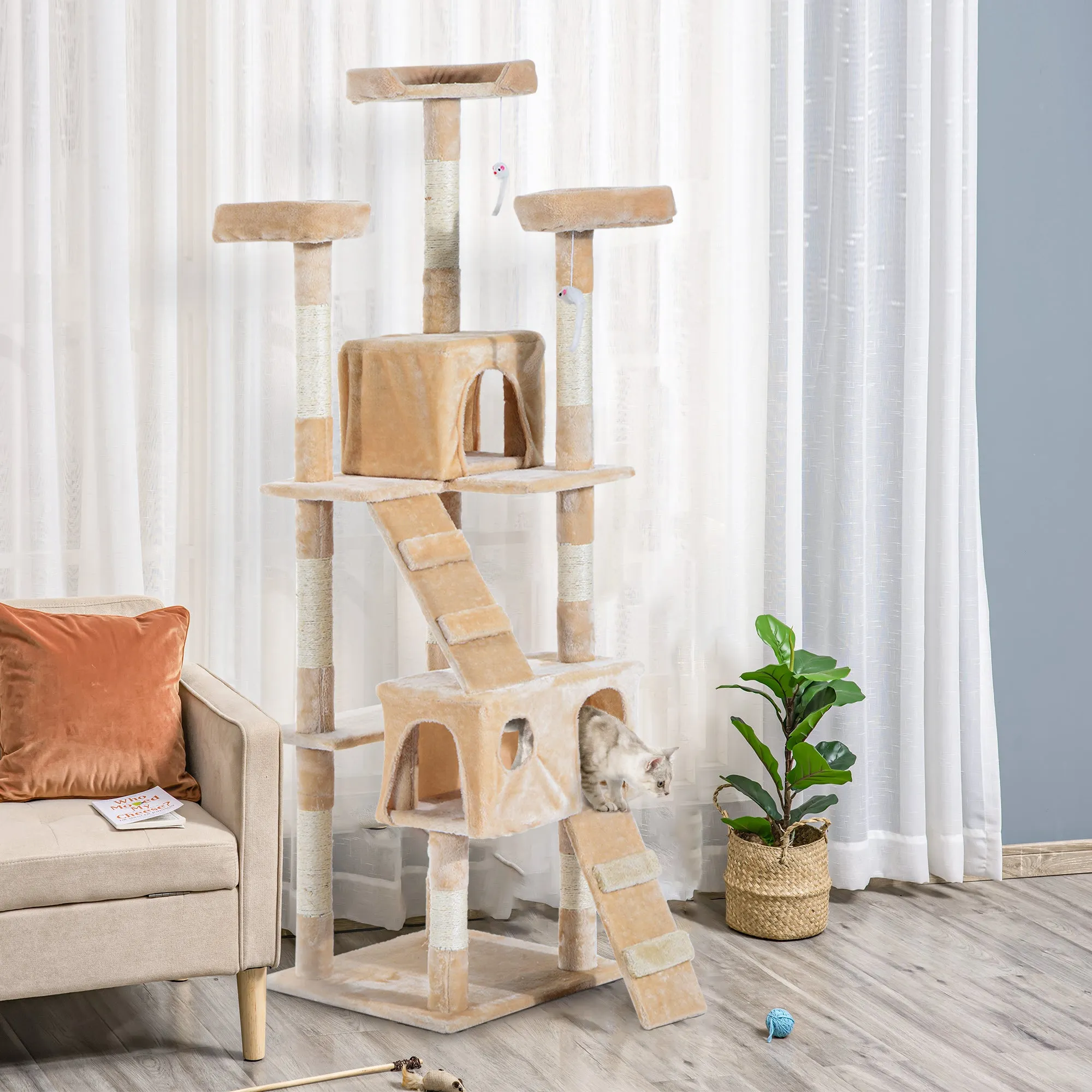 PawHut Cat Tree Scratcher Activity Centre, Condo Scratching Post Toy Bed